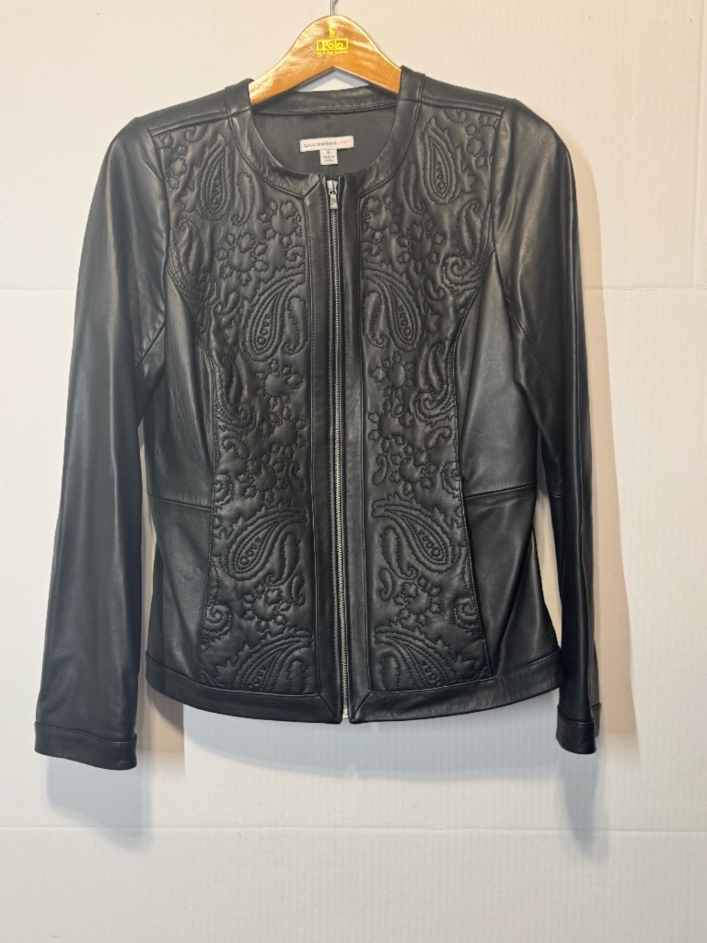 Isaac Mizrahi Live Size 6 Black Genuine Leather Paisley Quilted Jacket